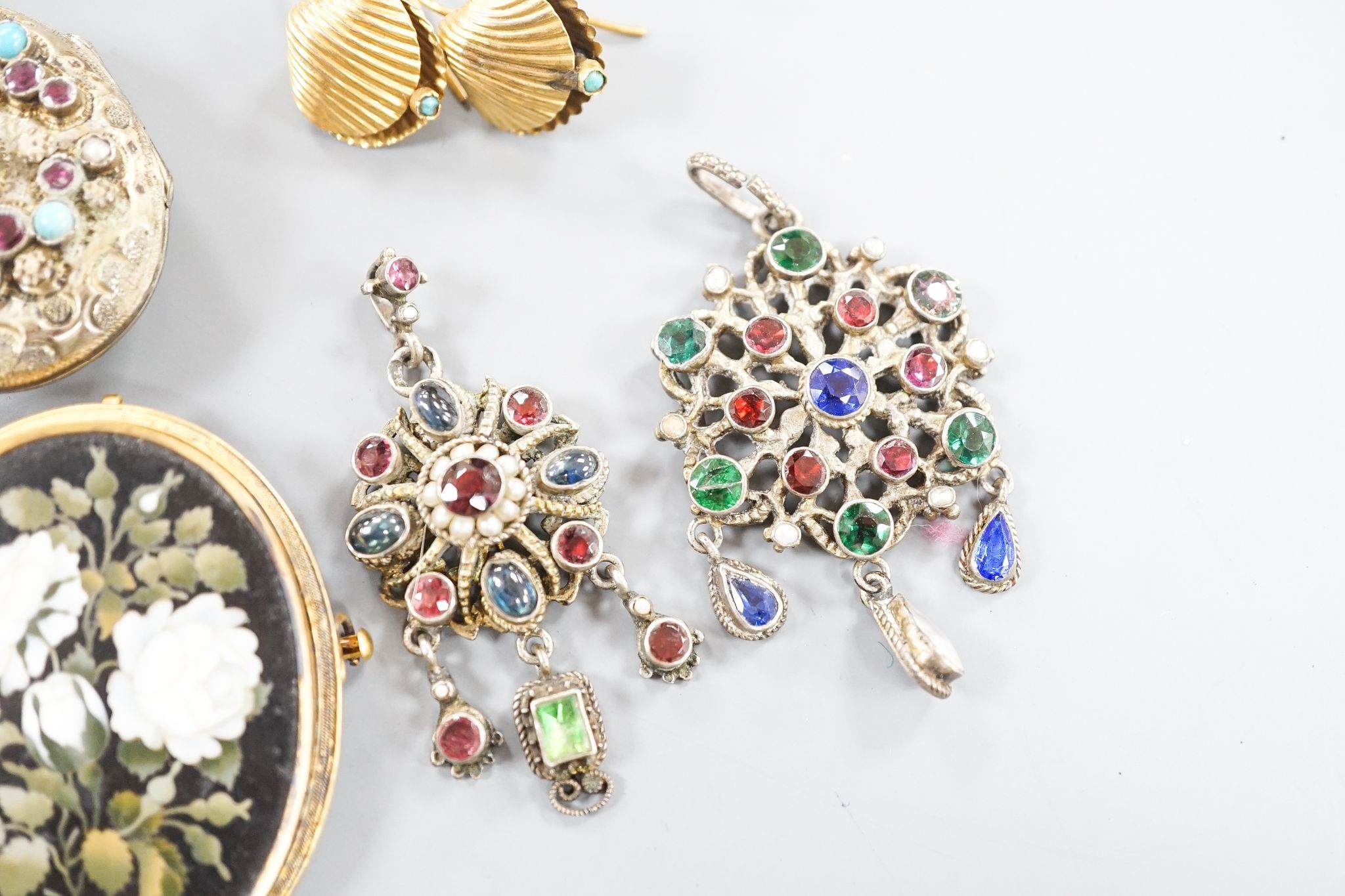 Mixed Victorian and later jewellery, including a pair of yellow metal cannettile work drop ear clips, overall 75mm, gross 12 grams (adapted), paste set locket and pendants, a William IV mourning pendant(a.f.),pair of yel